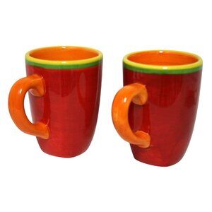 Dansk Caribe Aruba Ceramic Coffee Mug Set Of 2 Red Orange Green Trim 14 Oz